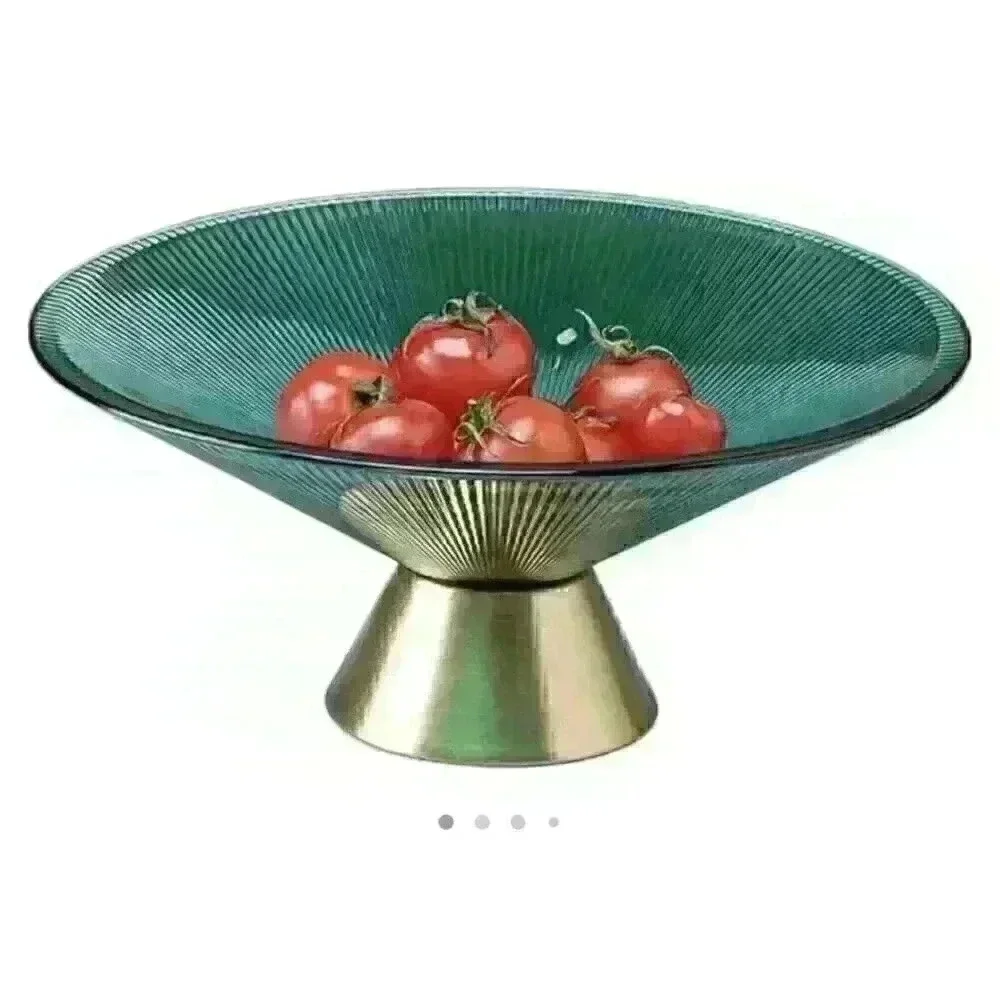 Teal Glass Fruit Bowl Gold Base Tall Candy Fruit Tray 10